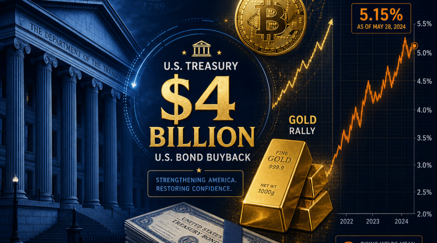 "SEO alt text: Dark-toned graphics of U.S. Treasury building and comparison line graph of government borrowing and Bitcoin, gold rally, centred with '$4 billion' sign indicating U.S. bonds buyback, designed within a 1200x628 pixel canvas"