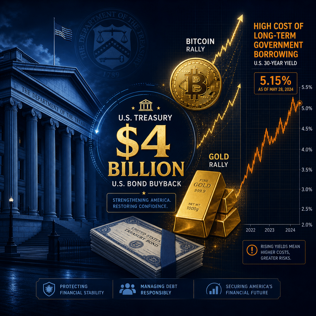 "SEO alt text: Dark-toned graphics of U.S. Treasury building and comparison line graph of government borrowing and Bitcoin, gold rally, centred with '$4 billion' sign indicating U.S. bonds buyback, designed within a 1200x628 pixel canvas"