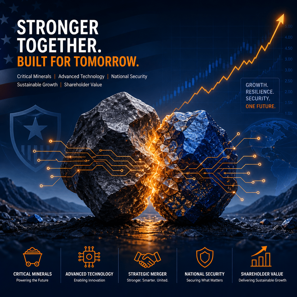 **SEO-Focused Alt-Text:** Sleek, modern graphic illustrating two interconnected stylized rock mineral formations symbolizing a merger, with technology-inspired circuitry patterns emerging to represent critical mineral supply chains. Upward stock chart lines and clean graphs overlay the image to convey growth and investor confidence, while a subtle American flag abstract and shield motif in the background evoke national security. The design uses bold accents and professional contrast in orange (#FF9811), dark blue (#000D43), and midnight blue (#021B88) for a financial and minerals industry blog post.
