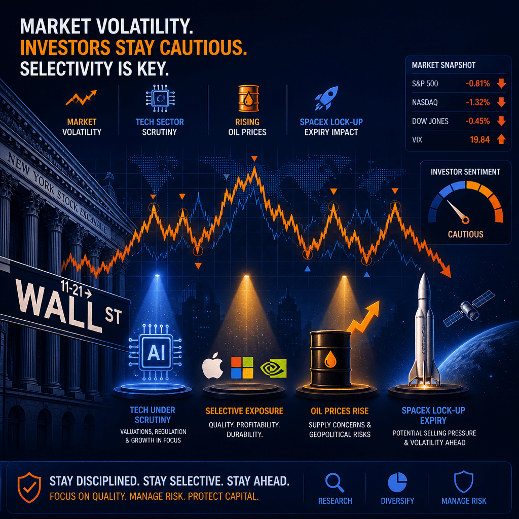 **SEO Alt-Text for the image:** Sleek modern illustration of a stylized Wall Street cityscape in orange (#FF9811), dark blue (#000D43), and midnight blue (#021B88) brand colors, featuring a fluctuating stock market chart across the center. The design integrates icons and elements representing technology (microchips, cloud, AI), energy (oil barrel and rising oil price arrow), and space industry (rocket, satellite), visually symbolizing market volatility, tech sector scrutiny, rising oil prices, and the impact of SpaceX lock-up expiry. Spotlight-like highlights emphasize select company icons, creating a cohesive, investor-focused atmosphere, with clean lines and professional gradients. --- Let me know if you want it adjusted for a specific article headline or audience!