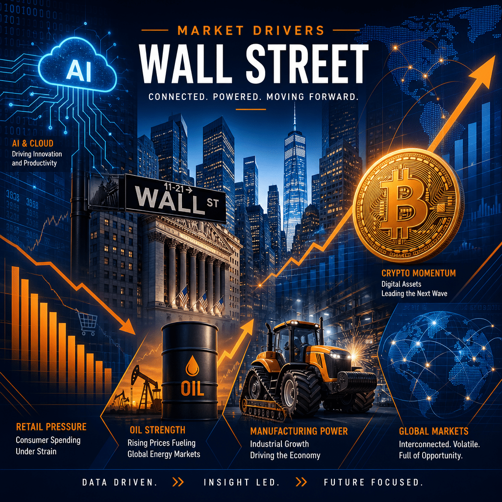 Certainly! Here’s an SEO-optimized alt-text for your described image: **Alt-text:** "Modern financial blog hero image with stylized Wall Street skyline as the centerpiece, featuring dynamic illustrations of AI cloud circuits, an orange downward-trending retail bar chart, an ascending Bitcoin symbol, a rising oil barrel, and a powerful industrial tractor for manufacturing. The design utilizes bold oranges and deep blues, overlaid with clean geometric shapes, capturing the energy and interconnectedness of global financial markets." Let me know if you need a more concise version or want focus on any specific elements!