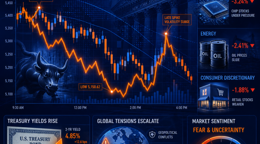 **SEO Alt-Text:** Modern professional illustration of a volatile stock market day on Wall Street, featuring abstract candlestick charts with sharp declines and spikes, financial icons for technology chips, oil barrels, and retail stores, and upward-pointing arrows on Treasury bond certificates. Subtle global tension imagery includes a world globe with warning indicators. Key chart lines and data points highlighted in orange (#FF9811), set against a dark blue (#000D43) and midnight blue (#021B88) blended background, styled for a financial and tech-savvy blog post, 1200x628 pixels.