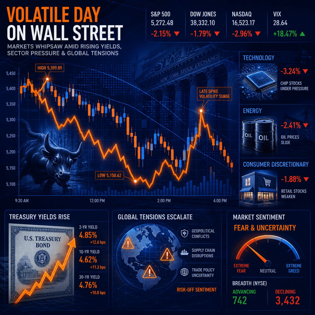 **SEO Alt-Text:** Modern professional illustration of a volatile stock market day on Wall Street, featuring abstract candlestick charts with sharp declines and spikes, financial icons for technology chips, oil barrels, and retail stores, and upward-pointing arrows on Treasury bond certificates. Subtle global tension imagery includes a world globe with warning indicators. Key chart lines and data points highlighted in orange (#FF9811), set against a dark blue (#000D43) and midnight blue (#021B88) blended background, styled for a financial and tech-savvy blog post, 1200x628 pixels.