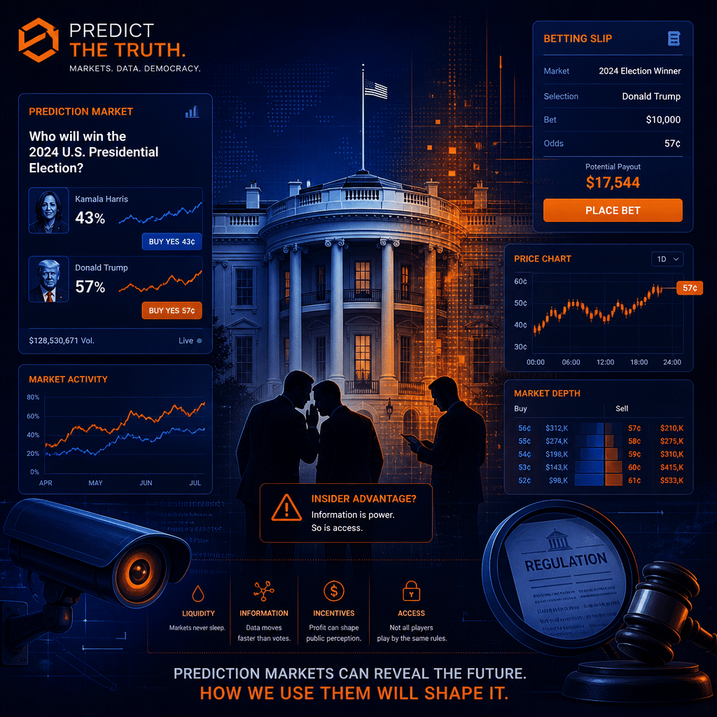 SEO Alt-text: Stylized digital illustration of the White House partially overlaid with interactive betting interface elements—graphs, charts, and betting slips—representing the intersection of politics and digital prediction markets; shadowy silhouettes suggest insider activity, while surveillance icons like a gavel and magnifying glass symbolize regulation and ethics. The scene uses bold orange (#FF9811) accents, a deep dark blue (#000D43) background, and subtle midnight blue (#021B88) gradients for a dynamic, modern look, capturing high-stakes, ethical, and technological challenges.