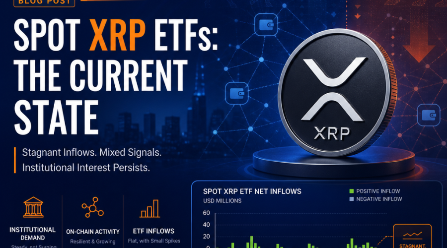 **SEO Alt-Text Example:** Sleek 1200 x 628 banner illustrating the current state of Spot XRP ETFs, featuring brand colors orange (#FF9811), dark blue (#000D43), and midnight blue (#021B88). Banner displays a segmented line graph with small green spikes amidst mostly flat bars to visualize stagnating ETF inflows, positioned beside an XRP coin logo. Subtle on-chain network lines connect wallet icons, with faint bullish and bearish symbols plus up and down arrows overlaid, capturing market uncertainty and slow but growing institutional interest. Clean, modern design conveys a cautiously optimistic but subdued outlook for XRP ETF performance.