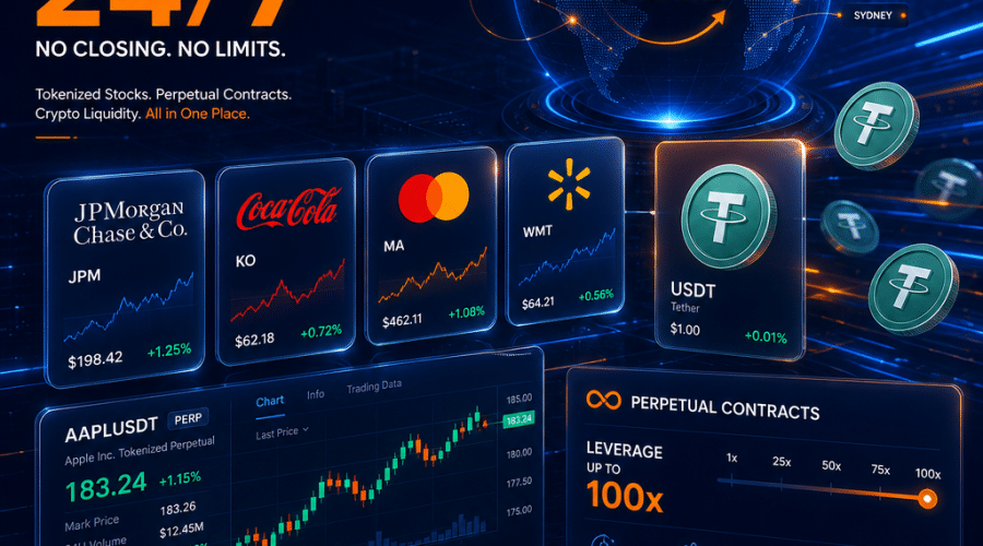 **SEO Alt-Text:** Modern blog header image for tokenized equity trading featuring interconnected digital tiles with icons of major U.S. stocks (JPMorgan, Coca-Cola, Mastercard, Walmart) and USDT cryptocurrency coins, all merging into a seamless trading dashboard. The design uses Zoomex brand colors (vibrant orange, dark blue, midnight blue) and highlights concepts of 24/7 global stock trading, perpetual contracts, and leverage with a futuristic, transparent, and tech-driven style symbolizing speed, accessibility, and innovation. --- If you need a shorter version or want to highlight specific keywords, let me know!