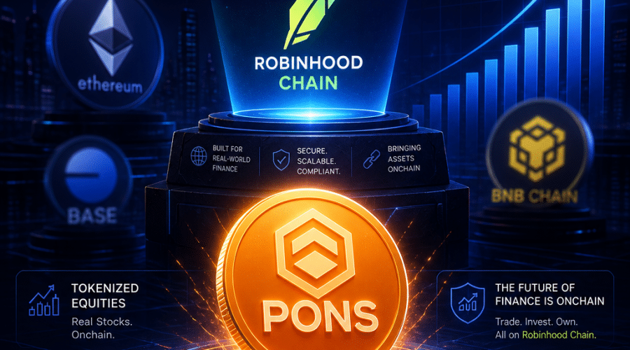 "Powerful representation of Robinhood Chain logo flanked by subtly incorporated Ethereum, BNB Chain, Base, and tokenized equities logos on a dark blue background, accentuated by ascending stylized bar chart depicting increase in DEX volume. Orange PONS token shines victoriously as the primary highlight, adding depth with midnight blue shades. Ideal size of 1200 X 628 pixels."