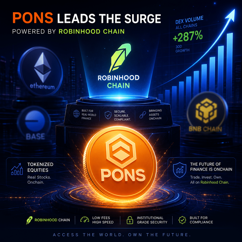 "Powerful representation of Robinhood Chain logo flanked by subtly incorporated Ethereum, BNB Chain, Base, and tokenized equities logos on a dark blue background, accentuated by ascending stylized bar chart depicting increase in DEX volume. Orange PONS token shines victoriously as the primary highlight, adding depth with midnight blue shades. Ideal size of 1200 X 628 pixels."