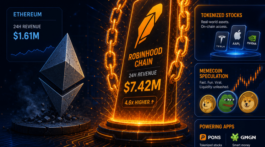 "Abstract digital artwork illustrating Robinhood's Chain dominance over Ethereum highlighted by a 24-hour superior revenue, featuring tokenized stocks, memecoin speculation, and references to apps like Pons and GMGN, all presented in Robinhood's signature brand colors of Orange, Dark Blue, and Midnight Blue on a 1200 x 628 pixel canvas - ideal for a professional and informative WordPress blog post."
