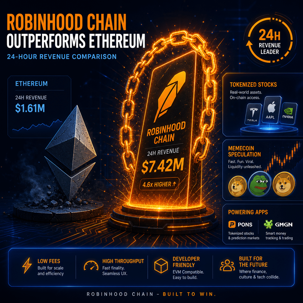 "Abstract digital artwork illustrating Robinhood's Chain dominance over Ethereum highlighted by a 24-hour superior revenue, featuring tokenized stocks, memecoin speculation, and references to apps like Pons and GMGN, all presented in Robinhood's signature brand colors of Orange, Dark Blue, and Midnight Blue on a 1200 x 628 pixel canvas - ideal for a professional and informative WordPress blog post."